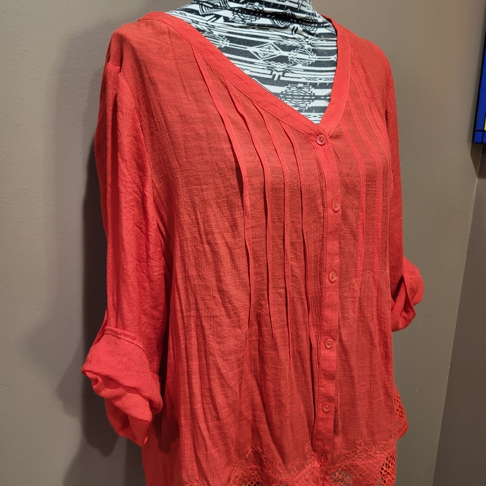 Zac & Rachel orange pleated tab sleeve blouse sz 1X *3/$30 Sale*